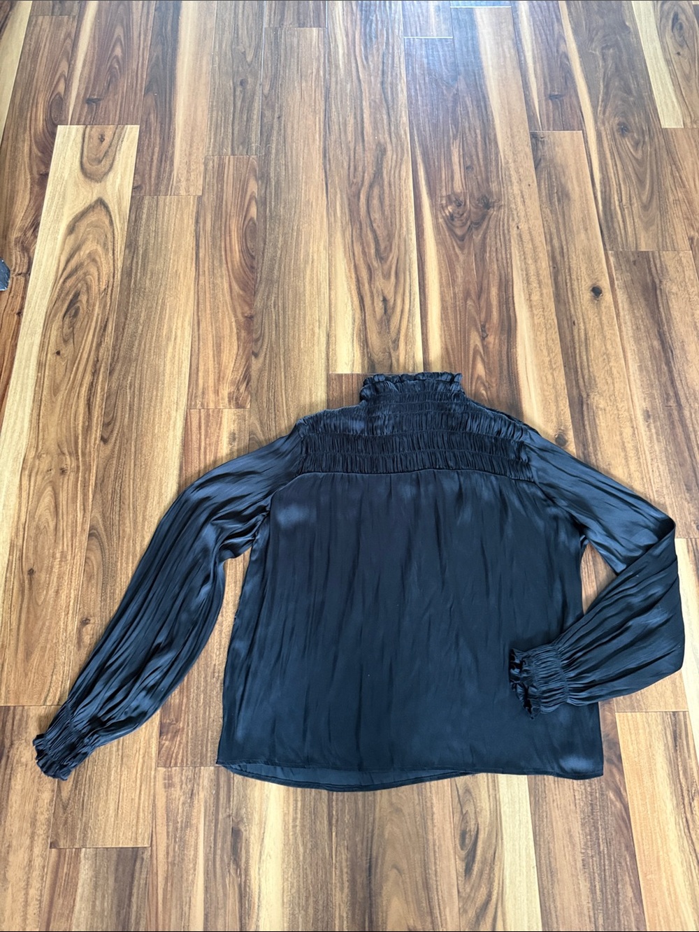 Black Smocked Neck Long-Sleeve Women’s Top